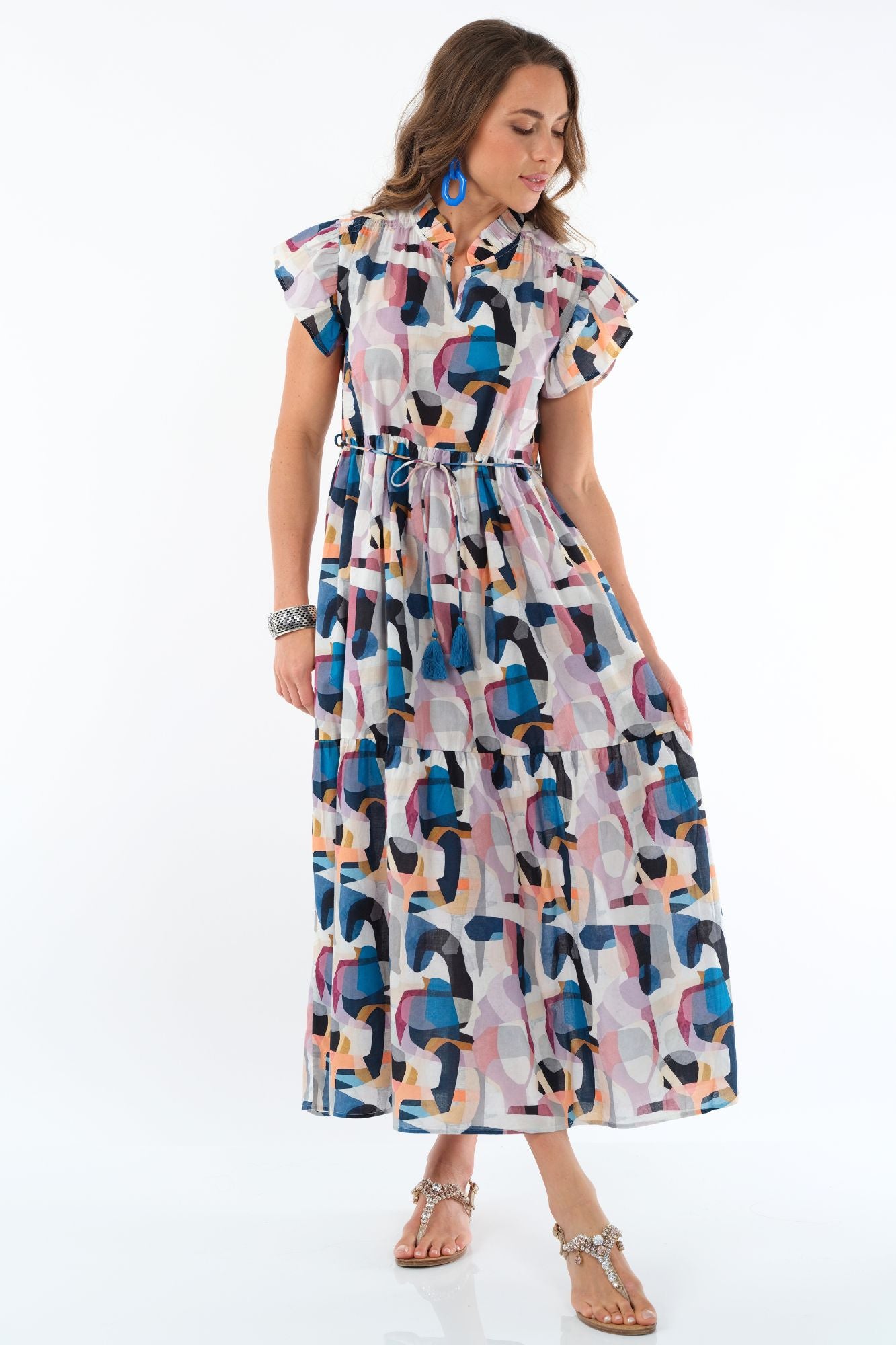 LIOR Women's Long Dress With Short Sleeves Multi Abstract Print - "Sophiya"