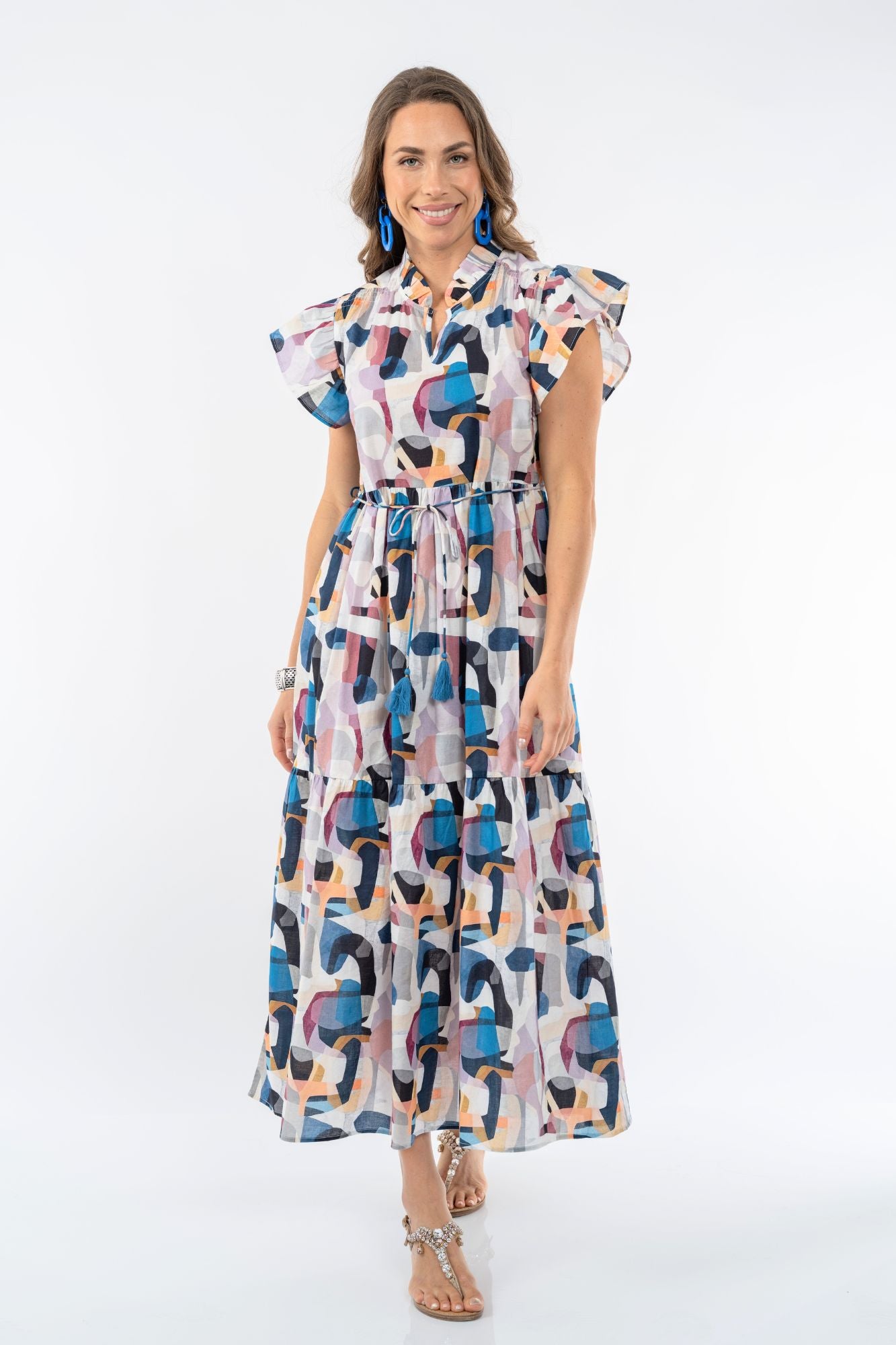 LIOR Women's Long Dress With Short Sleeves Multi Abstract Print - "Sophiya"