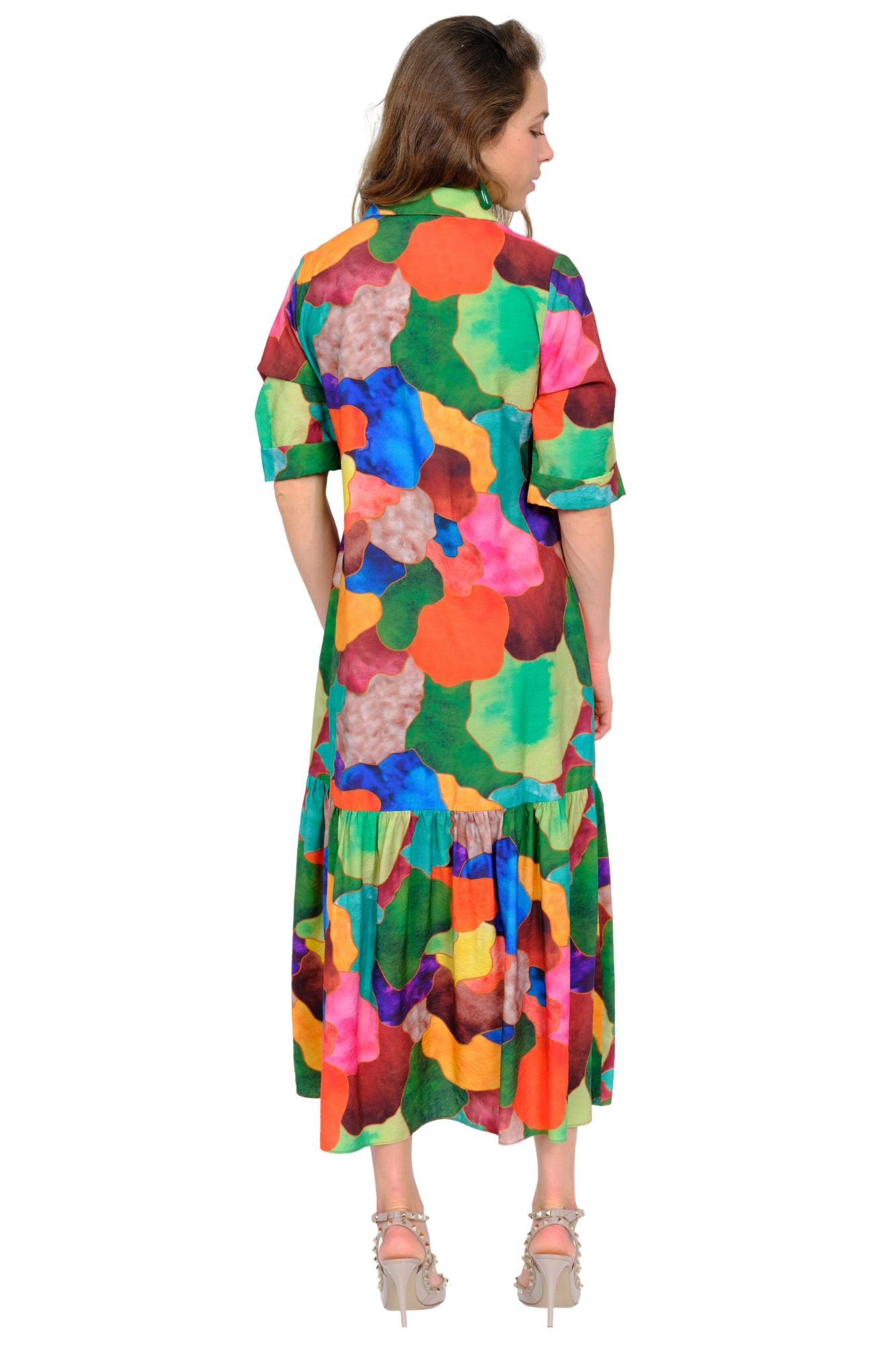 LIOR Women's Colorful Button Front Midi Dress 3/4 Sleeves - "Vega"