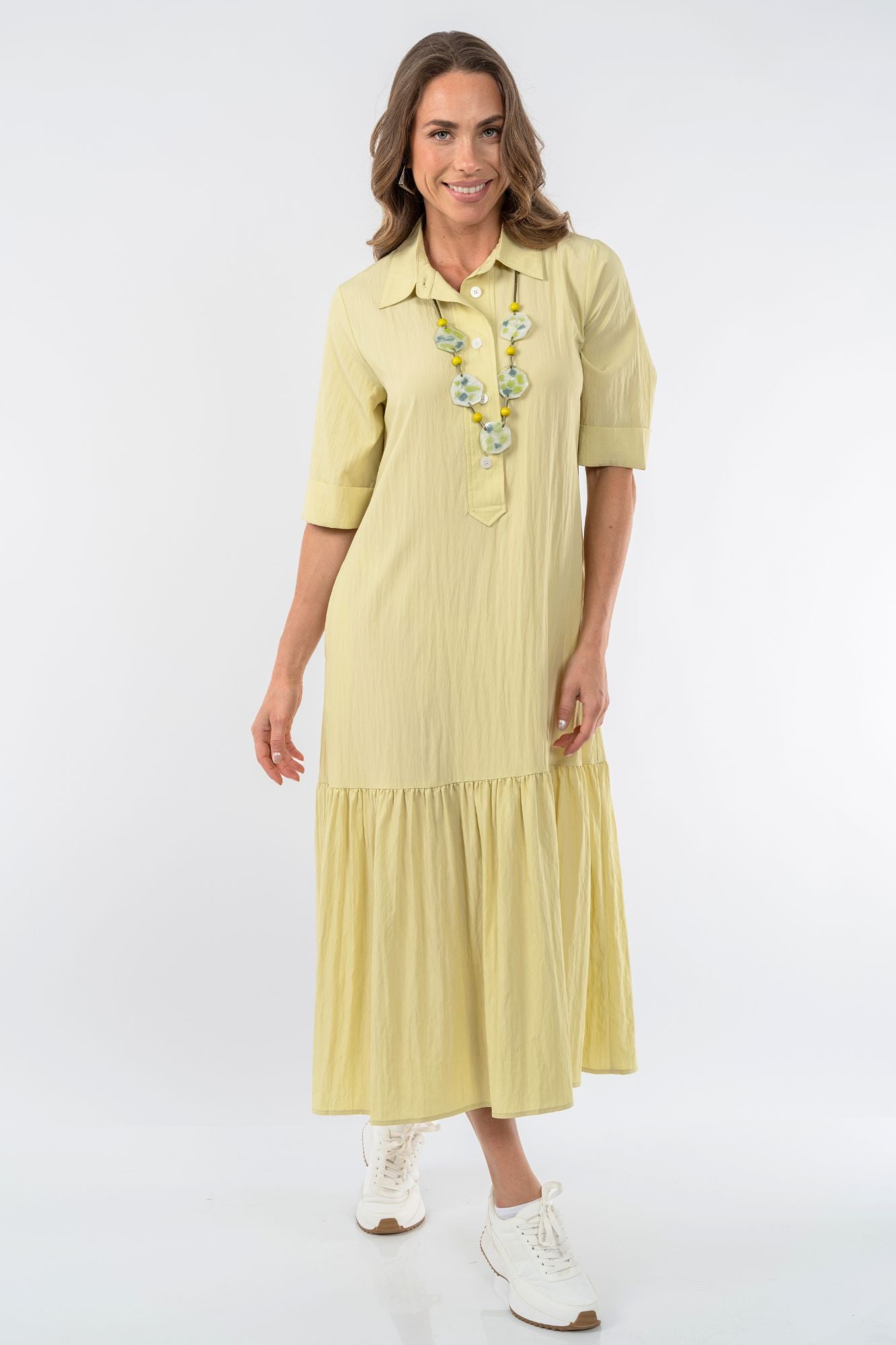 LIOR Women's Long Collar Lime Dress With Button V-Neck - "Vega"