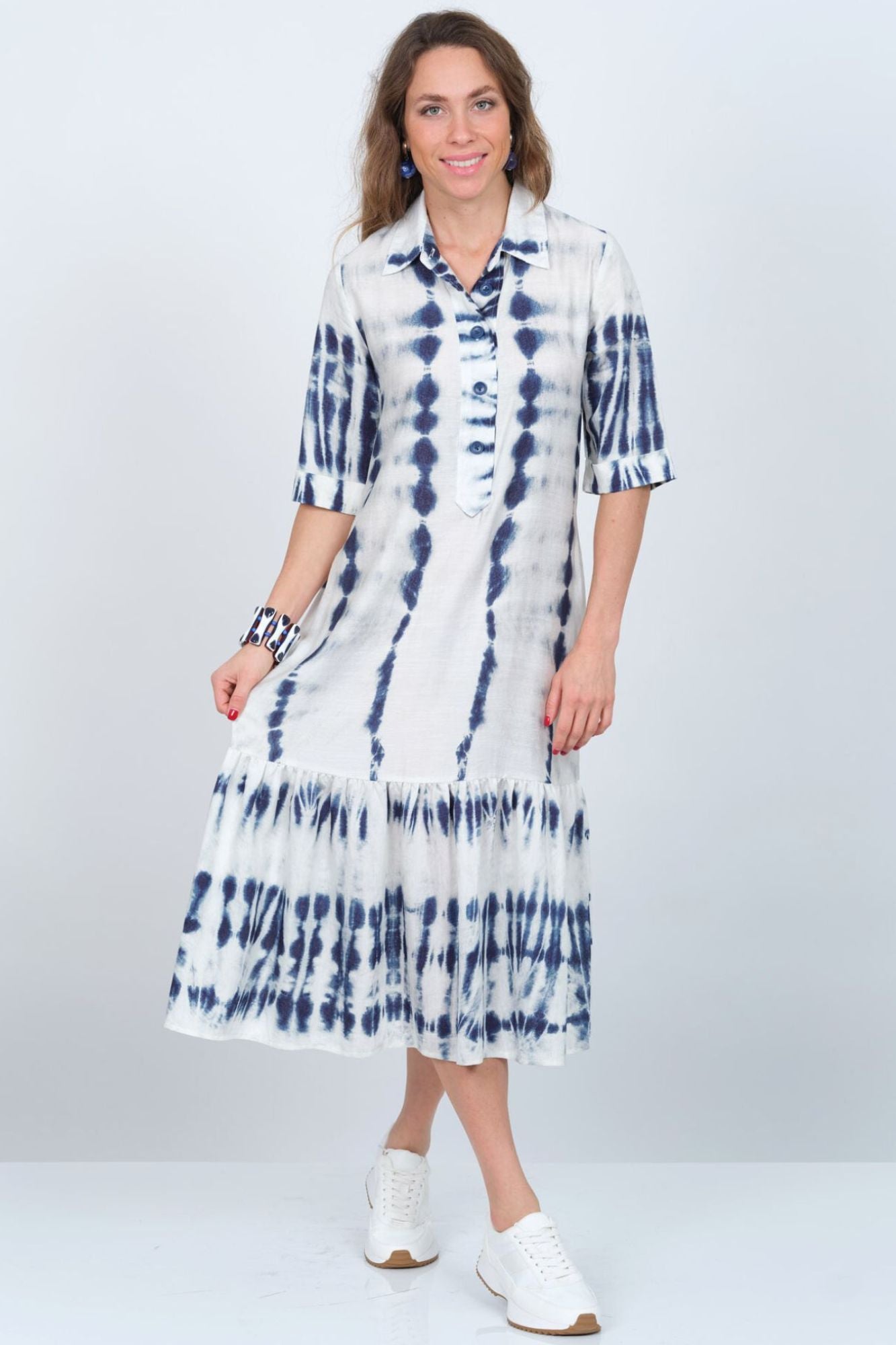 LIOR Women's Long Tie Dye Print Dress With Collar V-Neck Dress - "Vega"