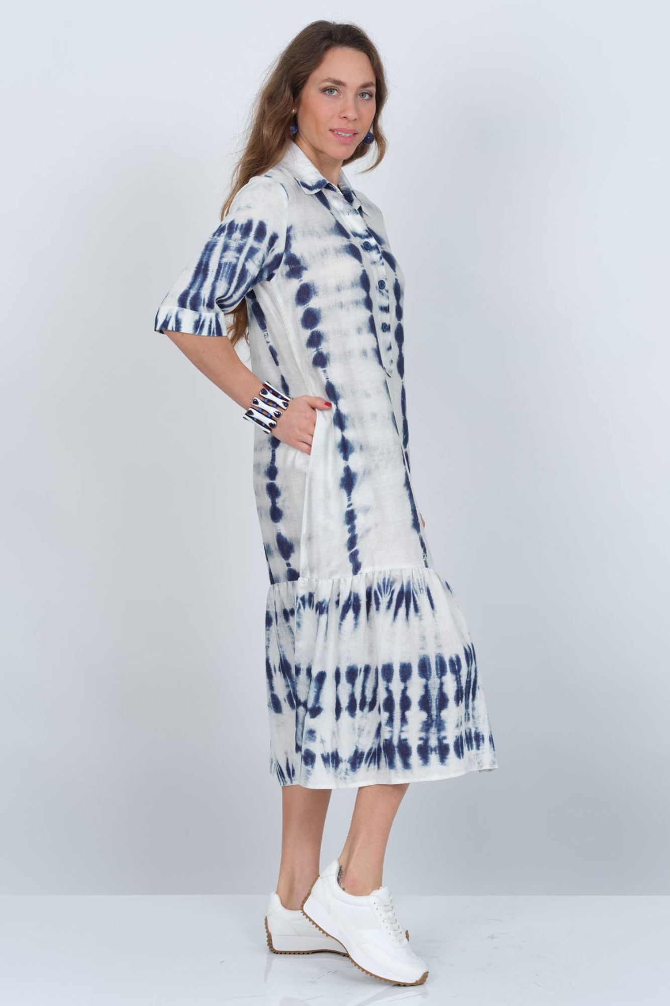 LIOR Women's Long Tie Dye Print Dress With Collar V-Neck Dress - "Vega"
