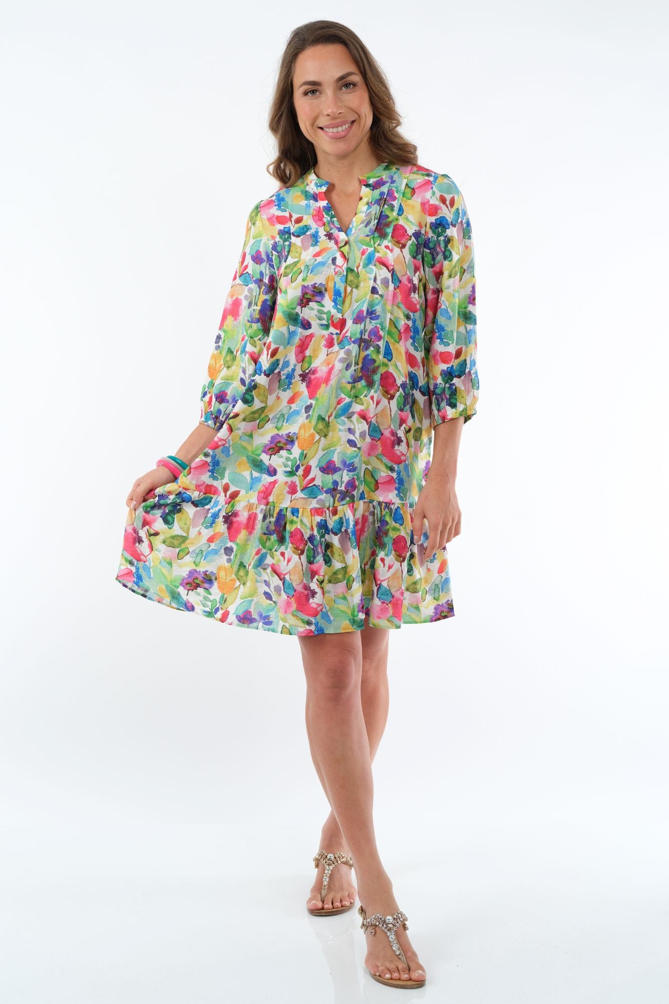 LIOR Women's Bright Multi Floral Knee Length Dress With 3/4 Sleeves - "Vita"