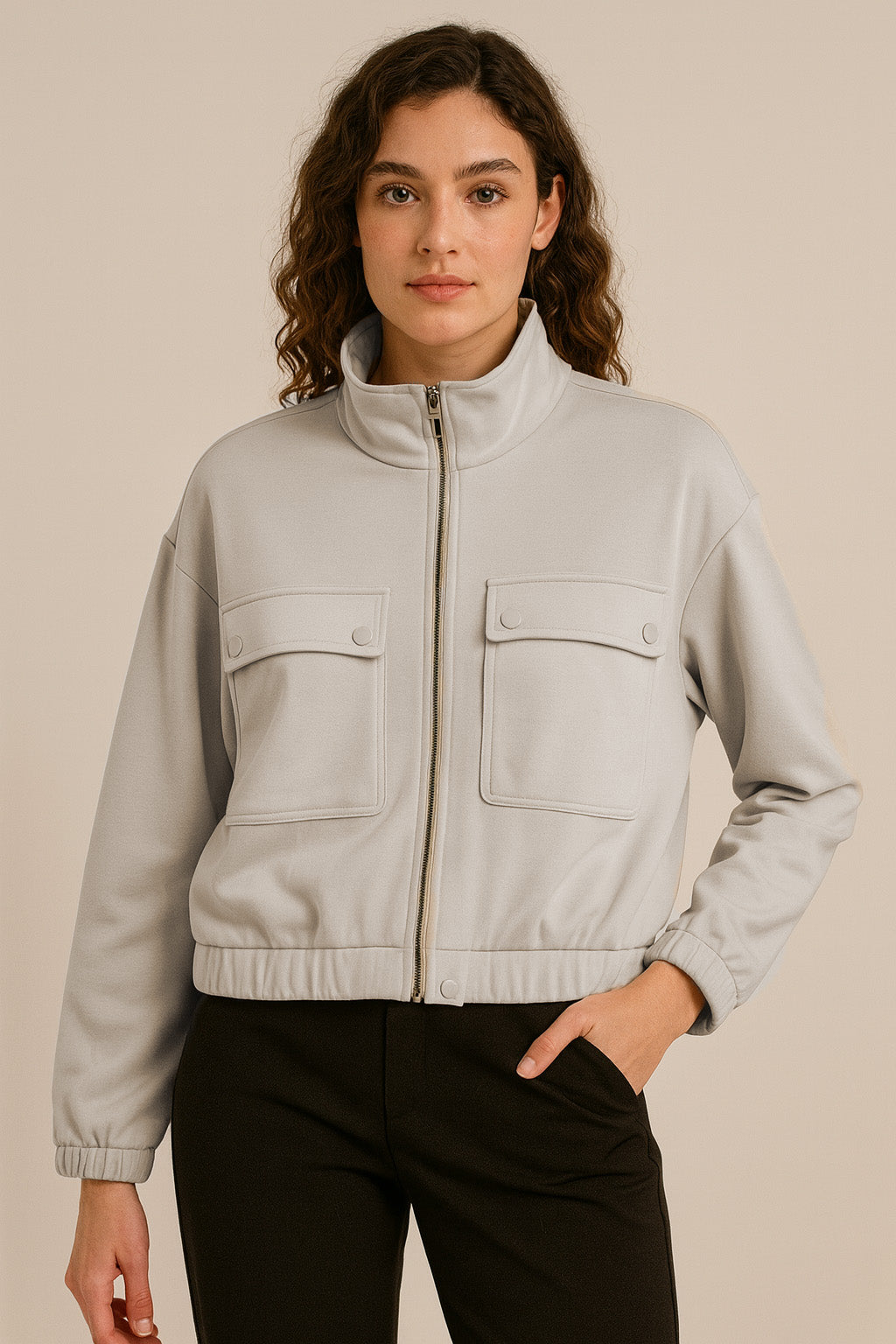 Women's Buttery Scuba Mock-Neck Zip Jacket with Utility Pockets – "Yoni"