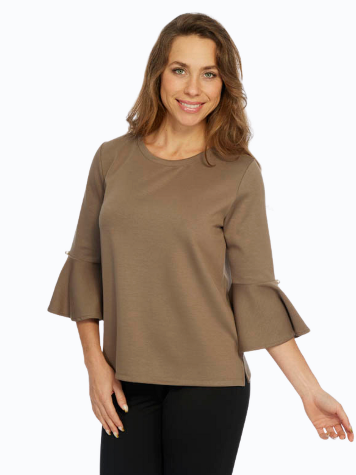 Solid Bell Sleeve Knit Top Round Neck - Taupe | ZEE | LIOR