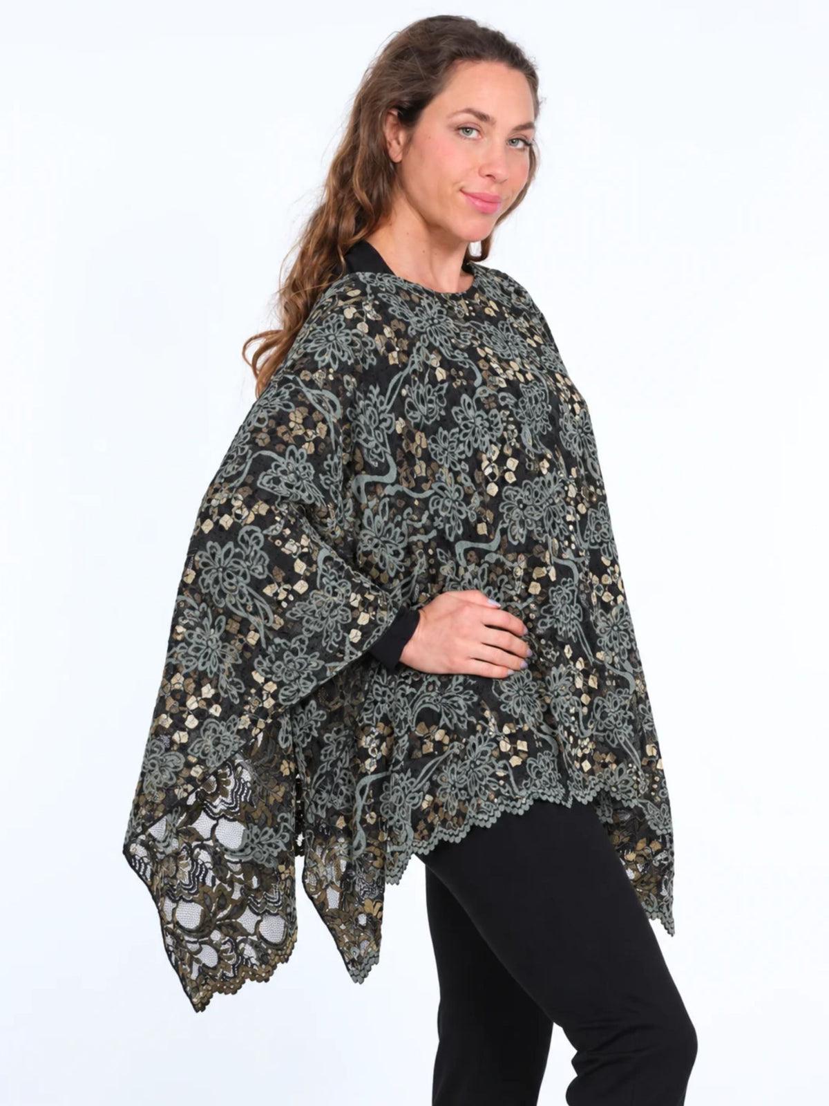 Women's Teal & Gold Lace Poncho – One Size Scalloped Hem - "Zetta"