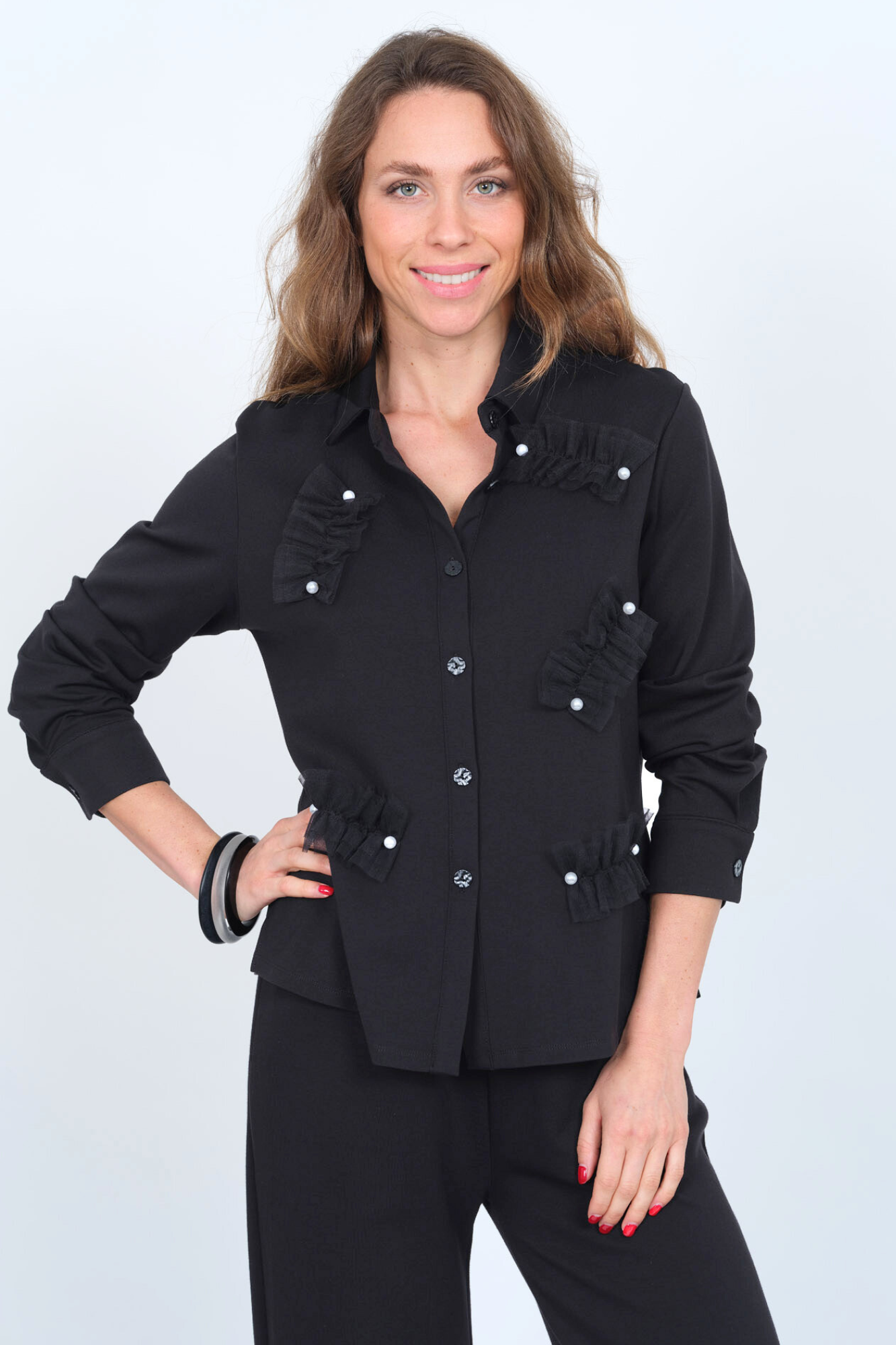 LIOR Women's Scuba Ponte Knit-Button Up Shirt with Lace Ruffle & Pearl Detail - "Zuly"