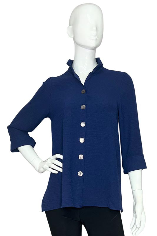 Women's Stand Up Wire Collar 3/4 Shirt With Shell Buttons