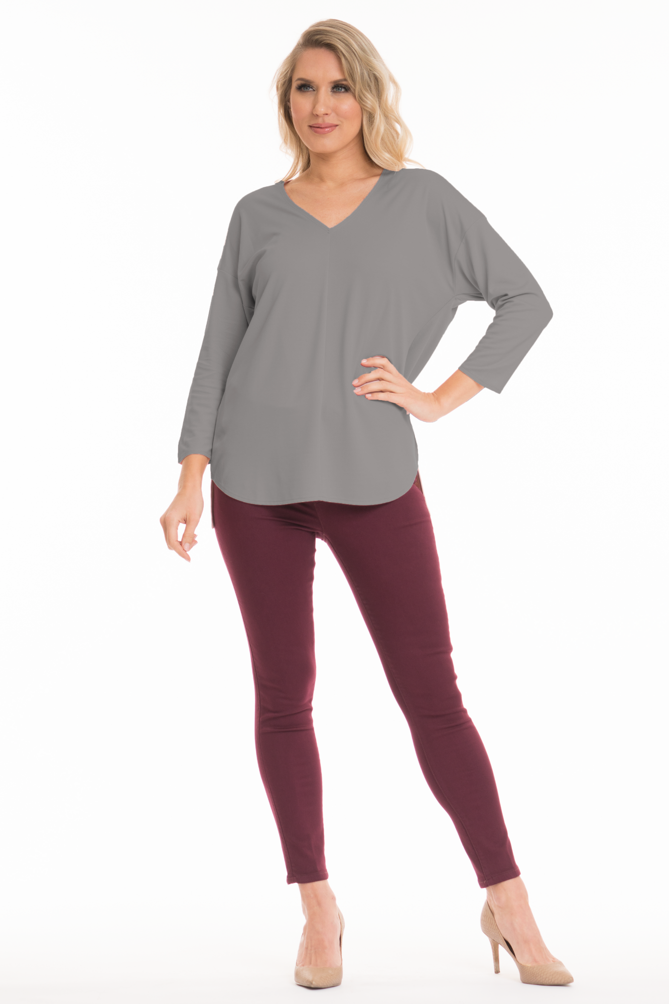 grey knit top with 3/4 sleeves