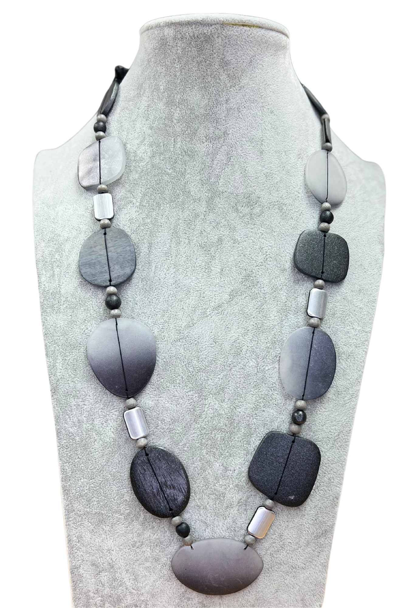 Long Grey Wood Necklace With Silver Beads Alisha D